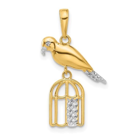 14k Yellow Gold & White Rhodium D/C Bird on Bird Cage Pendant,All Products : American Fashion Style Bags On Sale
